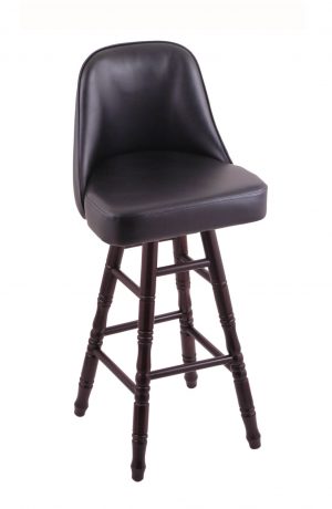 Holland's Grizzly Hardwood Upholstered Swivel Bar Stool with Turned Legs in Dark Cherry, Maple wood finish, and Black vinyl seat and back