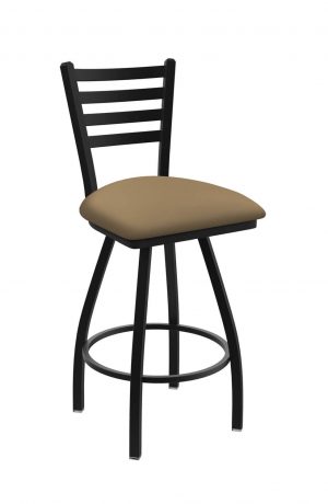 Holland's Jackie Big and Tall Swivel Bar Stool with Horizontal Slats on Back in Black Metal Finish and Canter Sand brown vinyl seat cushion