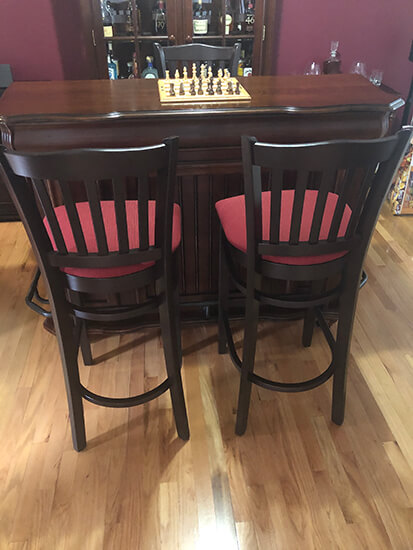 Holland's #3120 Hampton Wood Bar Stools in Dark Cherry and Red Seat Cushion in Home