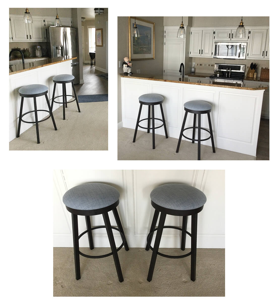 Amisco's Connor Backless Swivel Bar Stool in Dark Brown Metal and Blue Seat Cushion in Transitional Kitchen