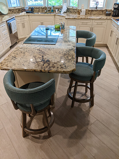 Darafeev's Ace Maple Swivel Wood Counter Stools in Rustic Pewter and Aqua Cushion in Customer Kitchen
