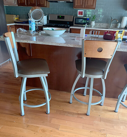 Holland's Voltaire 26-inch Counter Stools in Nickel Finish and Brown Seat Cushion and Medium Wood Back in Kitchen